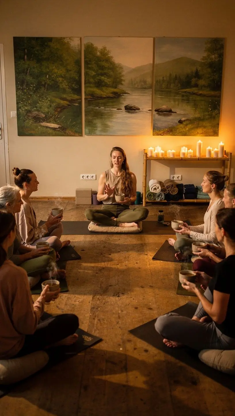 Iliustracija, rodanti arbatos ruošimo procesą, pabrėžiant natūralias ir ekologiškas žoleles.