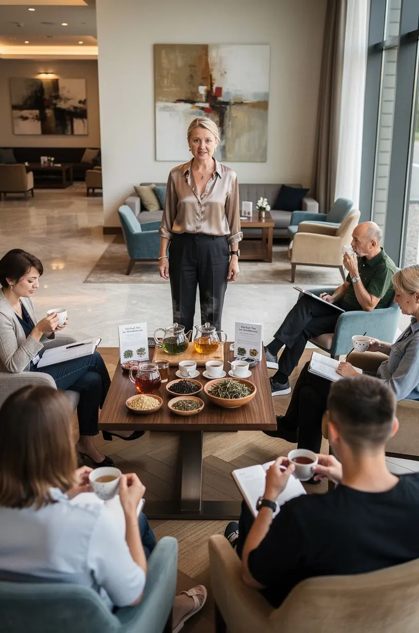 Mokomoji diagrama, paaiškinanti žolelių arbatos naudą sveikatai ir jos įtaką atsipalaidavimui.