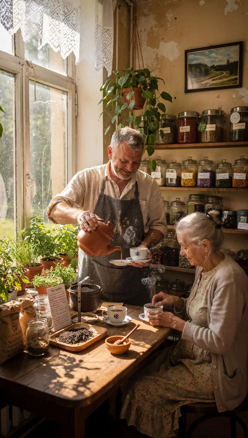 Arbatos puodelis su garuojančiu žolelių užpilu, simbolizuojantis atsipalaidavimą ir natūralią gerovę.