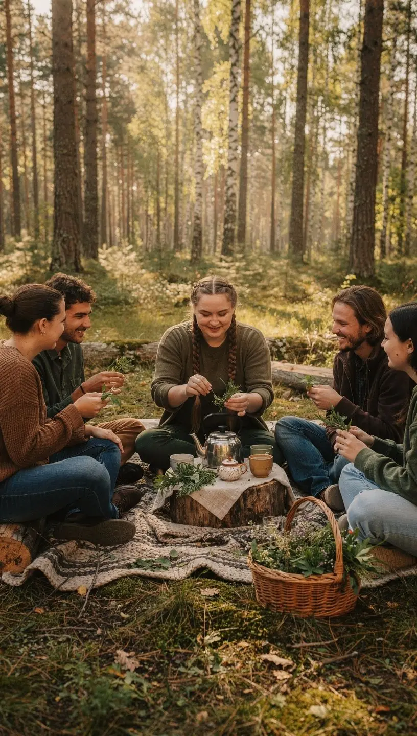Raminančios žolelių arbatos sudedamosios dalys, tokios kaip ramunėlės, mėtos ir levandos, išdėstytos ant balto fono.