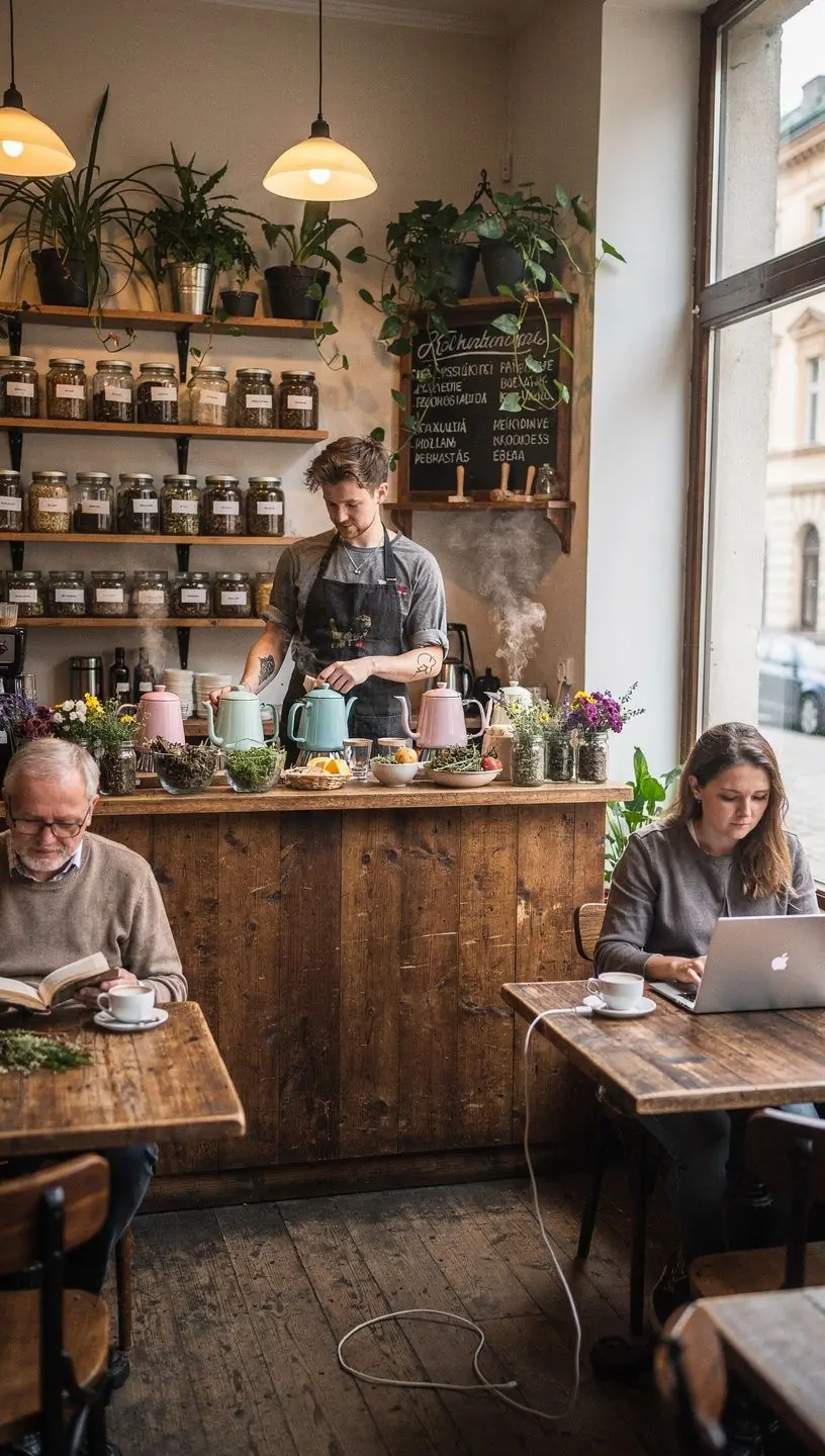 Asmuo atsipalaiduoja su arbatos puodeliu rankoje, jaučiantis natūralių žolelių aromatų teigiamą poveikį.